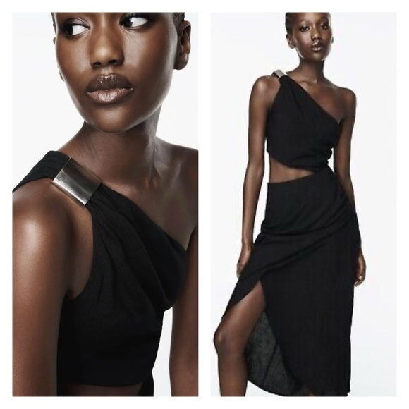ZARA Blogger Favorite Black Linen Blend One Shoulder Cutout Midi Dress Small NWT - Picture 1 of 10